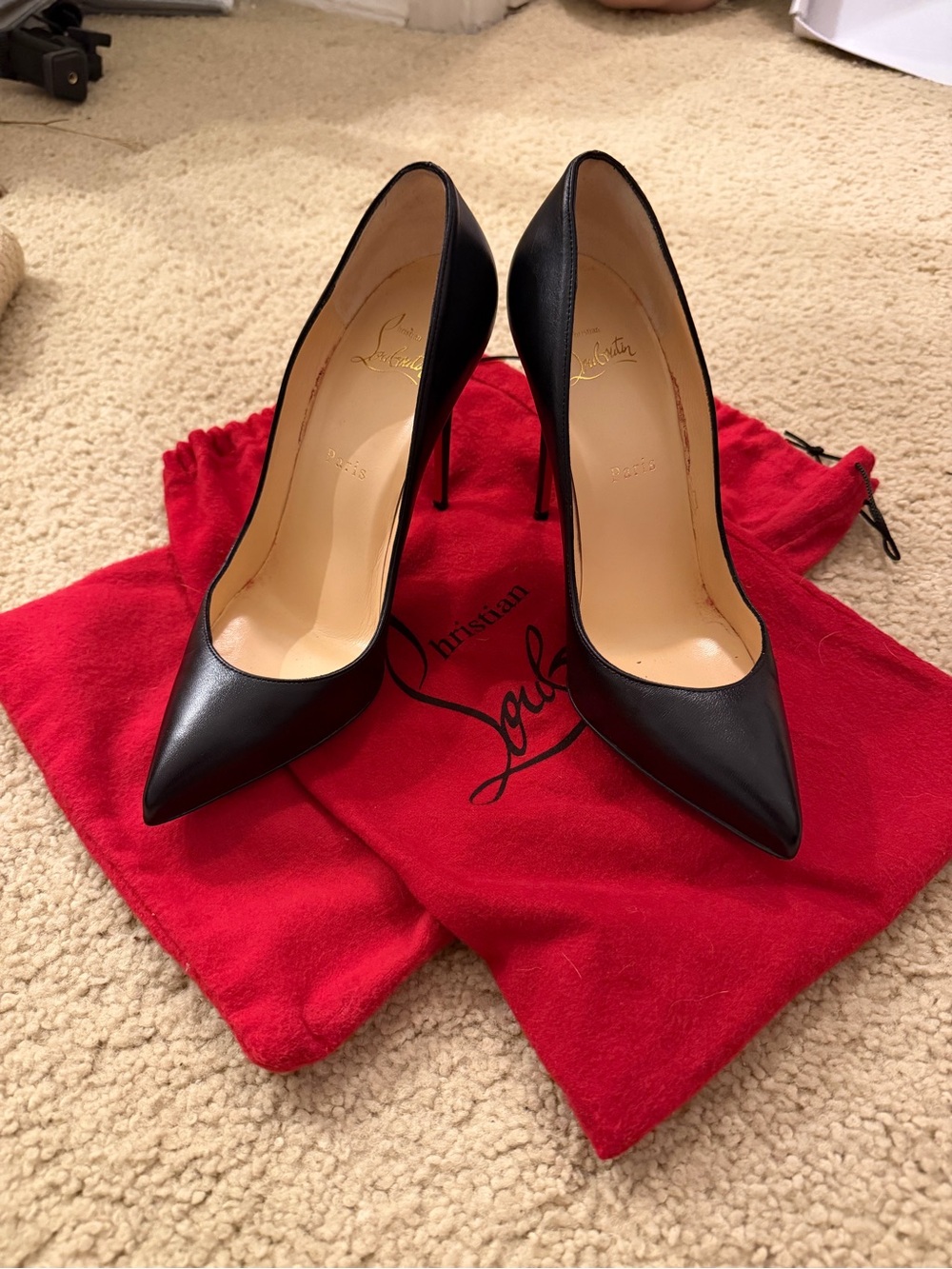 Christian Louboutin Black Leather Pointed-Toe Stilettos with Red Dust Bag